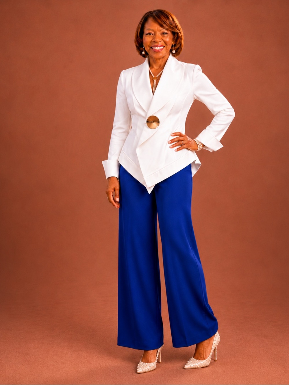 White Asymmetrical Stand Collar Blouse – Elegant Loose Fit Statement Top - Picture 5 of 7